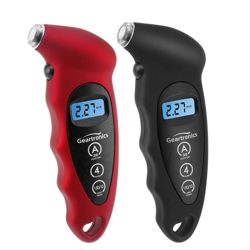 Geartronics Digital Tire Pressure Gauge 150 PSI 4 Settings with Backlight LCD Tire Gauge for Cars, Motorcycles and Bikes with Non-Slip Grip, 2 Pack - Image 1